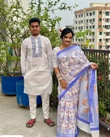 ঐতিহ্যবাহী ব্লক প্রিন্ট ধুপিয়ান সিল্ক কাপল কম্বো আউটফিট