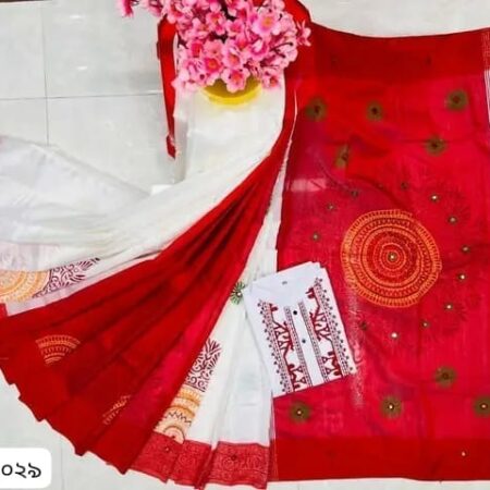 এক্সক্লুসিভ ধুপিয়ান সিল্ক ব্লক প্রিন্ট ও এমব্রয়ডারি ওয়ার্ক কাপল সেট (Dupian Silk Saree & Panjabi Couple Combo)