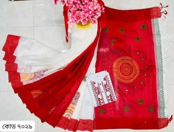 এক্সক্লুসিভ ধুপিয়ান সিল্ক ব্লক প্রিন্ট ও এমব্রয়ডারি ওয়ার্ক কাপল সেট (Dupian Silk Saree & Panjabi Couple Combo)