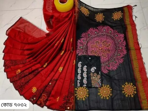 ধুপিয়ান সিল্ক শাড়ীতে ব্লক প্রিন্ট কাজ করা ও ধুপিয়ান সিল্ক পানজাবি তে ব্লক প্রিন্ট কাজ