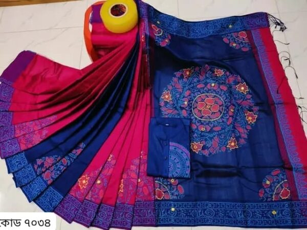 ধুপিয়ান সিল্ক শাড়ীতে ব্লক প্রিন্ট কাজ করা ও ধুপিয়ান সিল্ক পানজাবি তে ব্লক প্রিন্ট কাজ